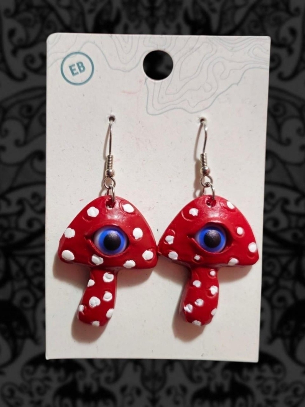 EARTHBOUND Mushroom Eye Dangle Hook Earrings NWT - Red, White & Blue